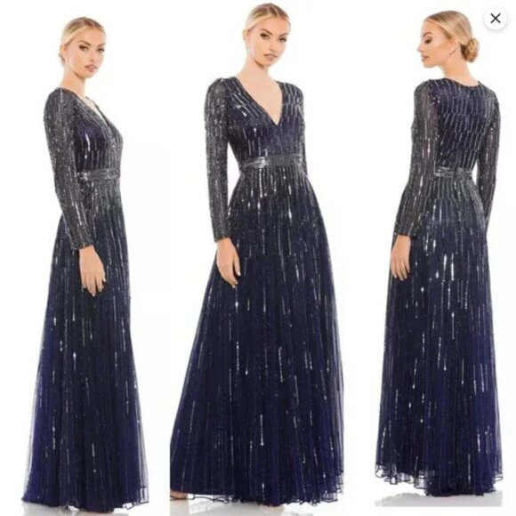 MAC DUGGAL 4977 SEQUINED V-NECK ILLUSIONS SLEEVE A-LINE MIDNIGHT NAVY GOWN sz 18 - Picture 1 of 3